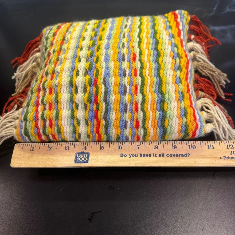Handmade Woven Throw Pillow Small Multi-Color Striped Boho Fringe Accent
